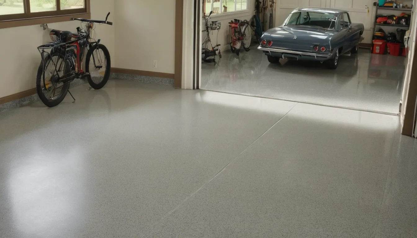 Freshly coated epoxy garage floor with flake finish in an older home near Firestone